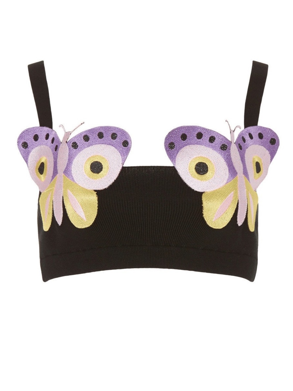 Autumn Adeigbo Black Crop Top with Purple & Yellow Butterfly Appliqués